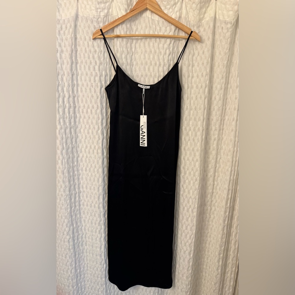 Ganni Black Spaghetti Strap Satin Slip Dress